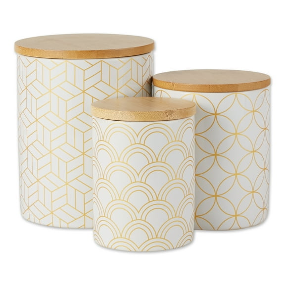 DII White And Gold Mixed Print Ceramic Canister 3 Piece