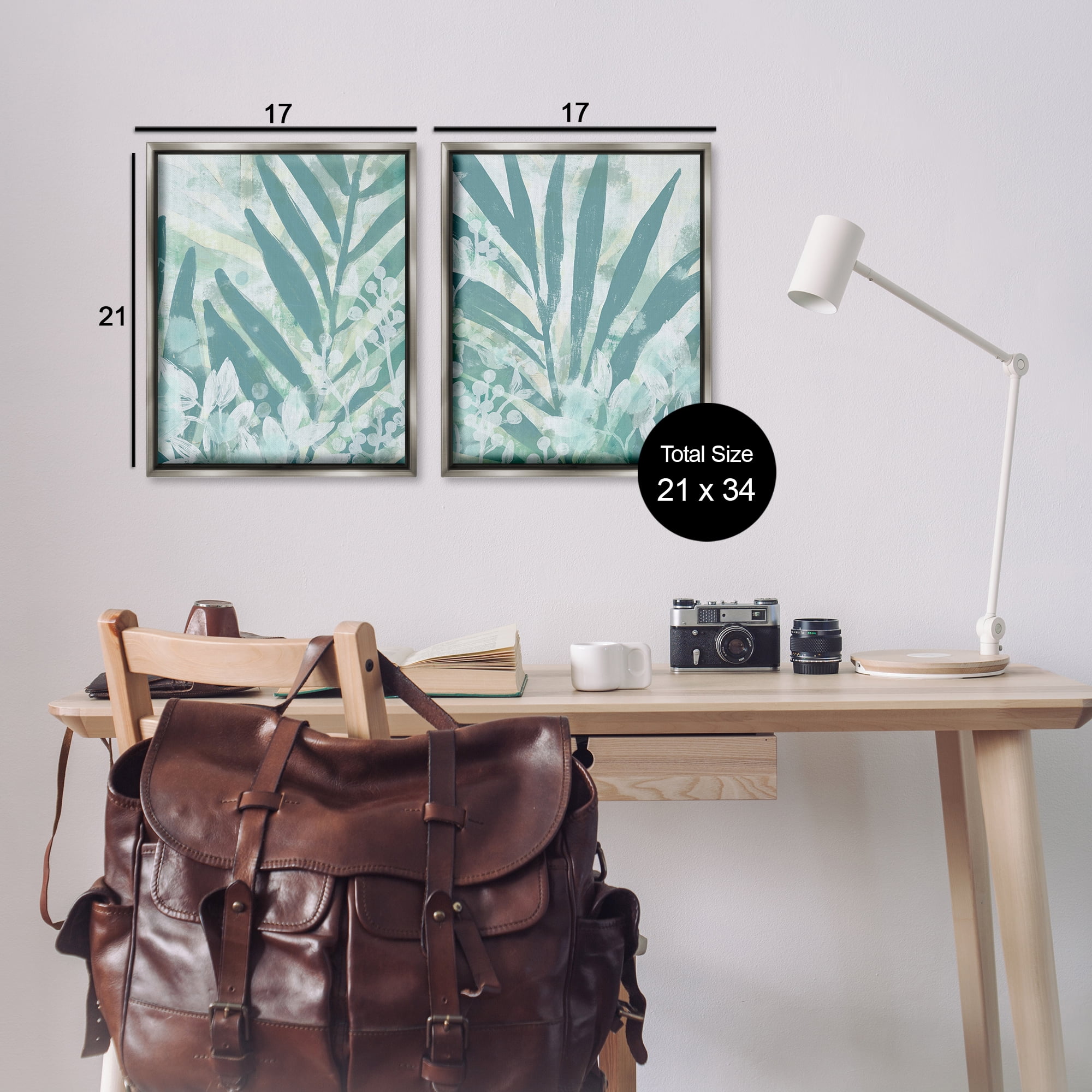 Stupell Industries Teal Palm Fronds Plants & Flowers Painting Gray Floater Framed Canvas Art Print Wall Art, 17 x 21, Set of 2