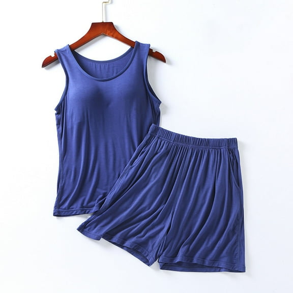 VONCOS Womens Modal Cotton Pajama Shorts Set with Built-in Bra & Pockets, Plus Size Loungewear, Blue,Size 3XL