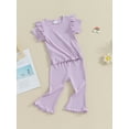 thumbnail image 4 of Musuos Toddler Girls Spring Outfits 1-5T Fly Sleeve Solid Color Rib T-Shirts Tops Elastic Waist Flare Pants 2Pcs Clothes Set, 4 of 10