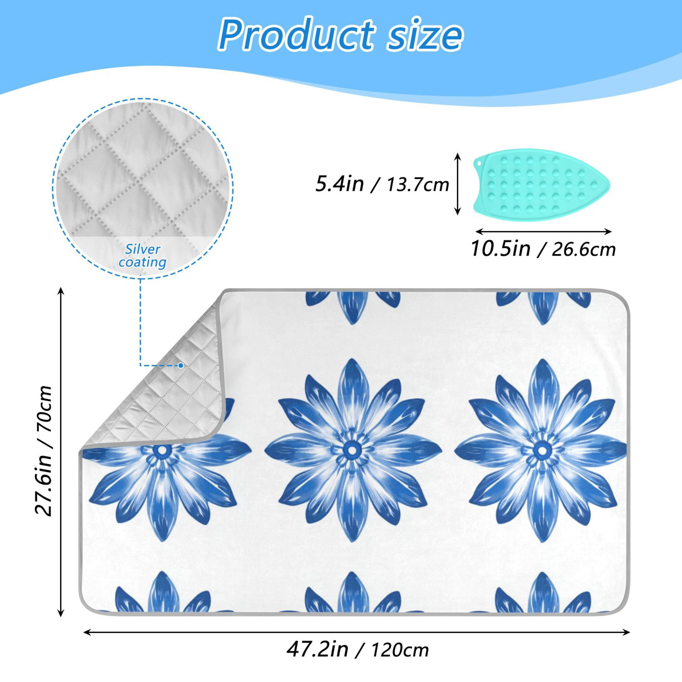 Symmetrical Blue Daisy Flowers Ironing Mat Blanket Portable Travel Ironing Pad Heat Resistant Pad 47.2" x 27.6”