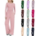 thumbnail image 4 of Abcomgle Girls 2 Piece Outfits Size 14-16 Ruched Long Sleeve Tee Top and Wide Leg Pants with Pockets Casual Trendy Girls Lounge Sets, 4 of 4