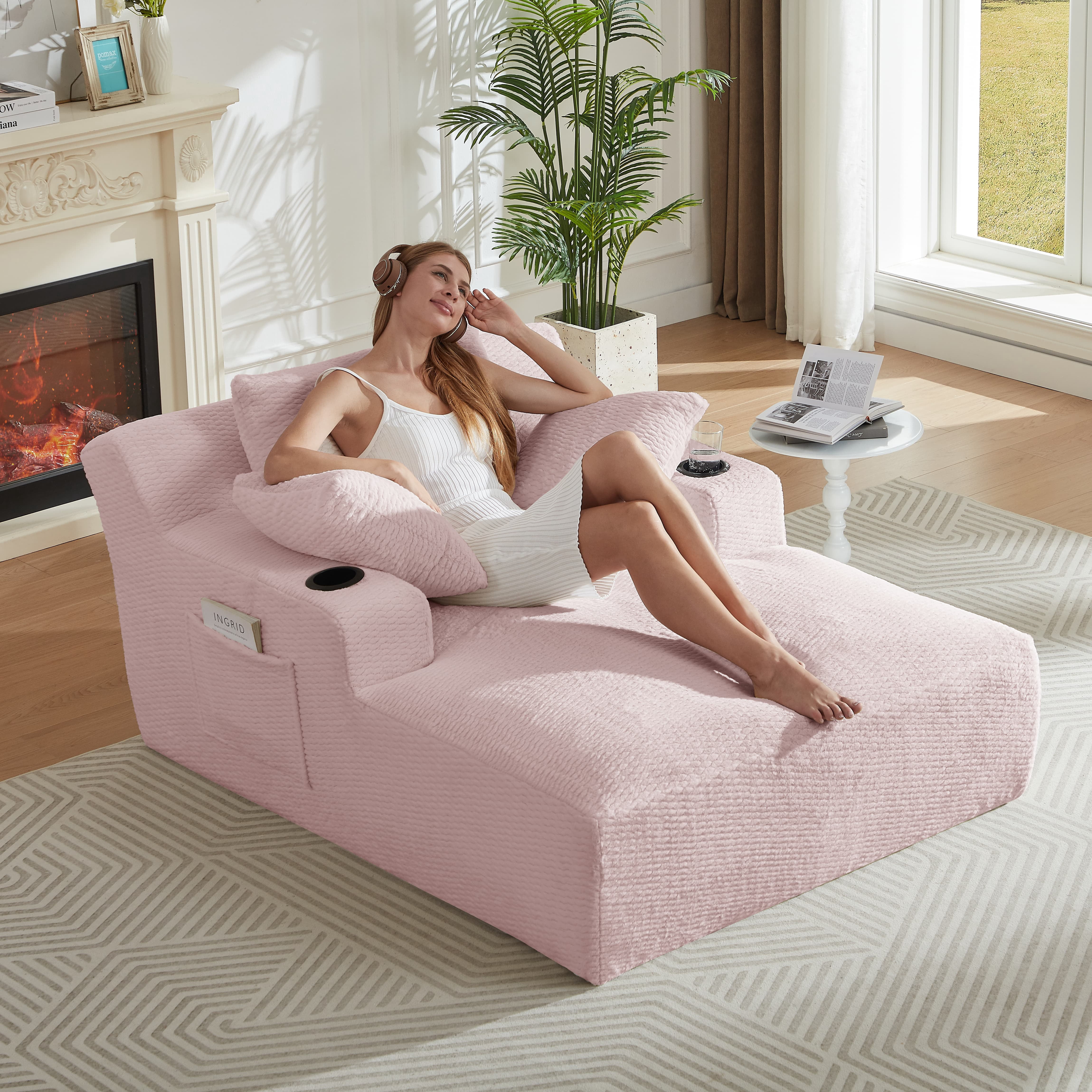 MAYEERTY Oversized Chaise Lounge Chair, Comfy Sleeper with Cup Holders for Living Room & Office, 49*66*28" Pink