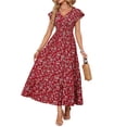 thumbnail image 4 of Delconic Women’s Short Sleeve V Neck Floral Print Maxi Dress Lightweight Flowy Casual Summer Long Dress for Daily Wear Red S, 4 of 7