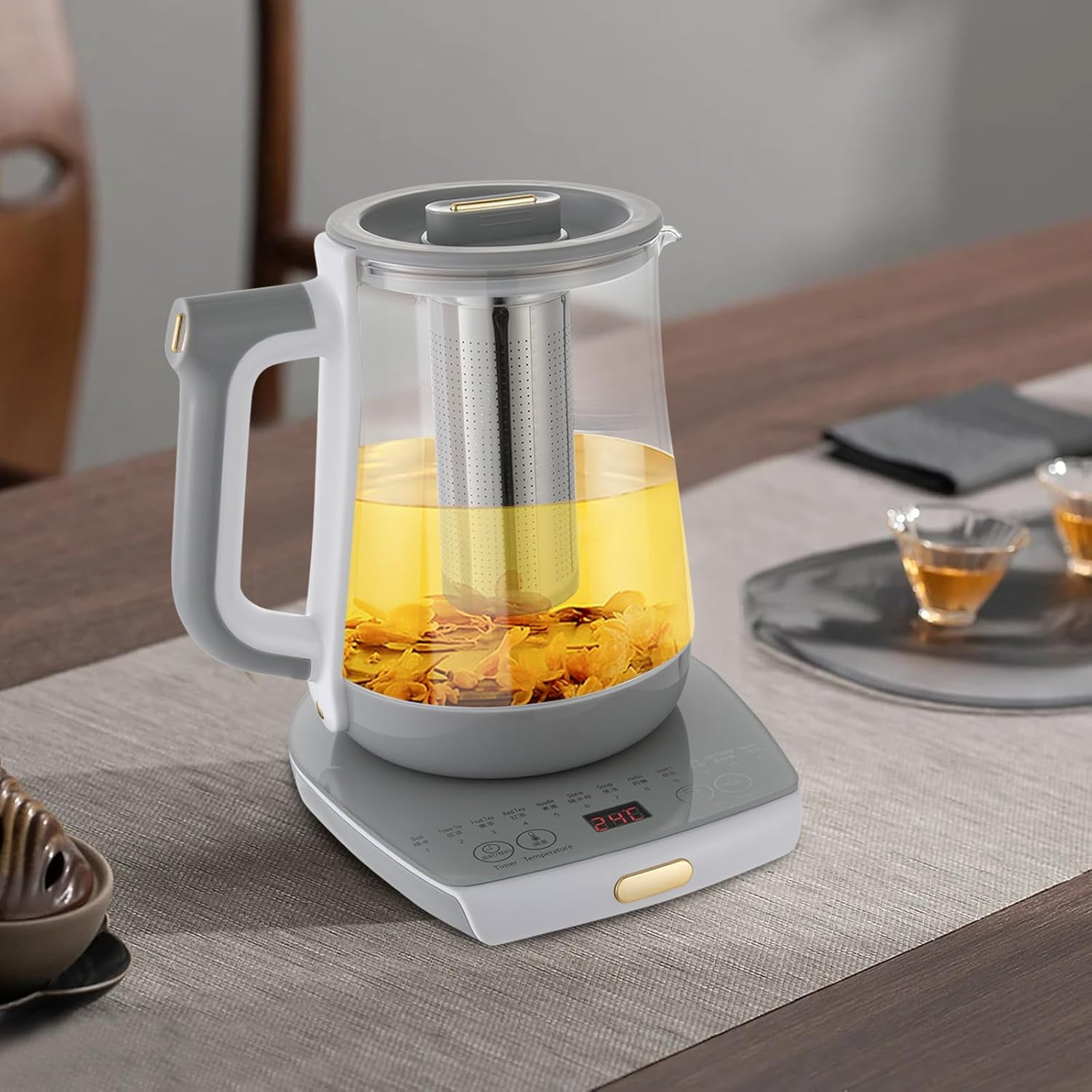 Elegant Clear Glass Kettle,Stainless Steel 1.8L Tea Maker Water Boiler, Multifunctional Electric Kettle Teapot Egg Boiler Soup Cooker with Strainer and Egg Holder