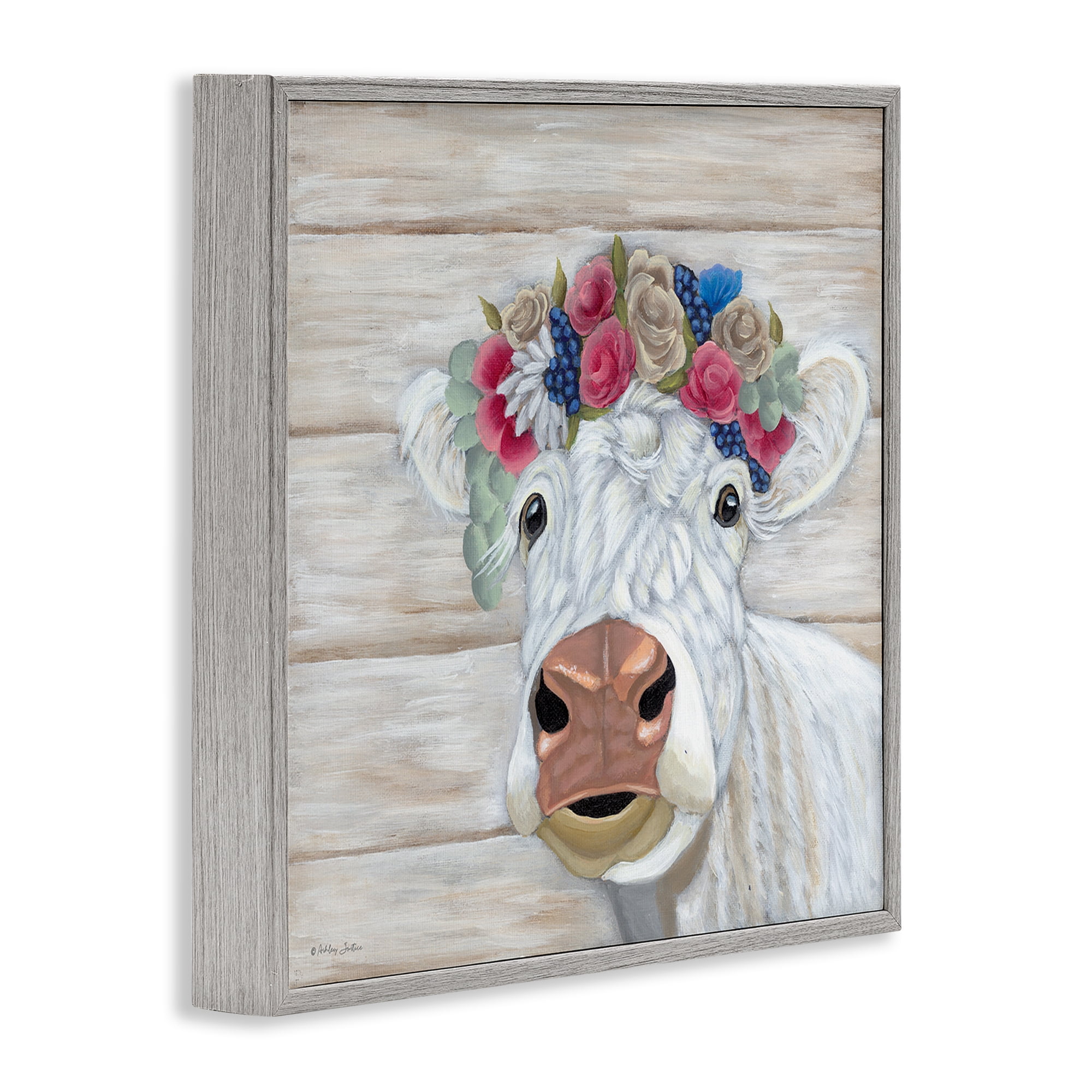 Stupell Industries Rustic Cow Flower Crown Animals & Insects Painting Gray Framed Art Print Wall Art, 17 x 17