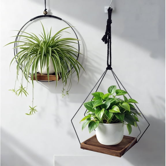 2 Pcs Decorative Hanging Planter Set, Geometric Diamond & Round Metal Plant Holders with Wood Base, Indoor Modern Boho Wall Ceiling Hanging Flower Pot Stand with Mounting Hardware Included