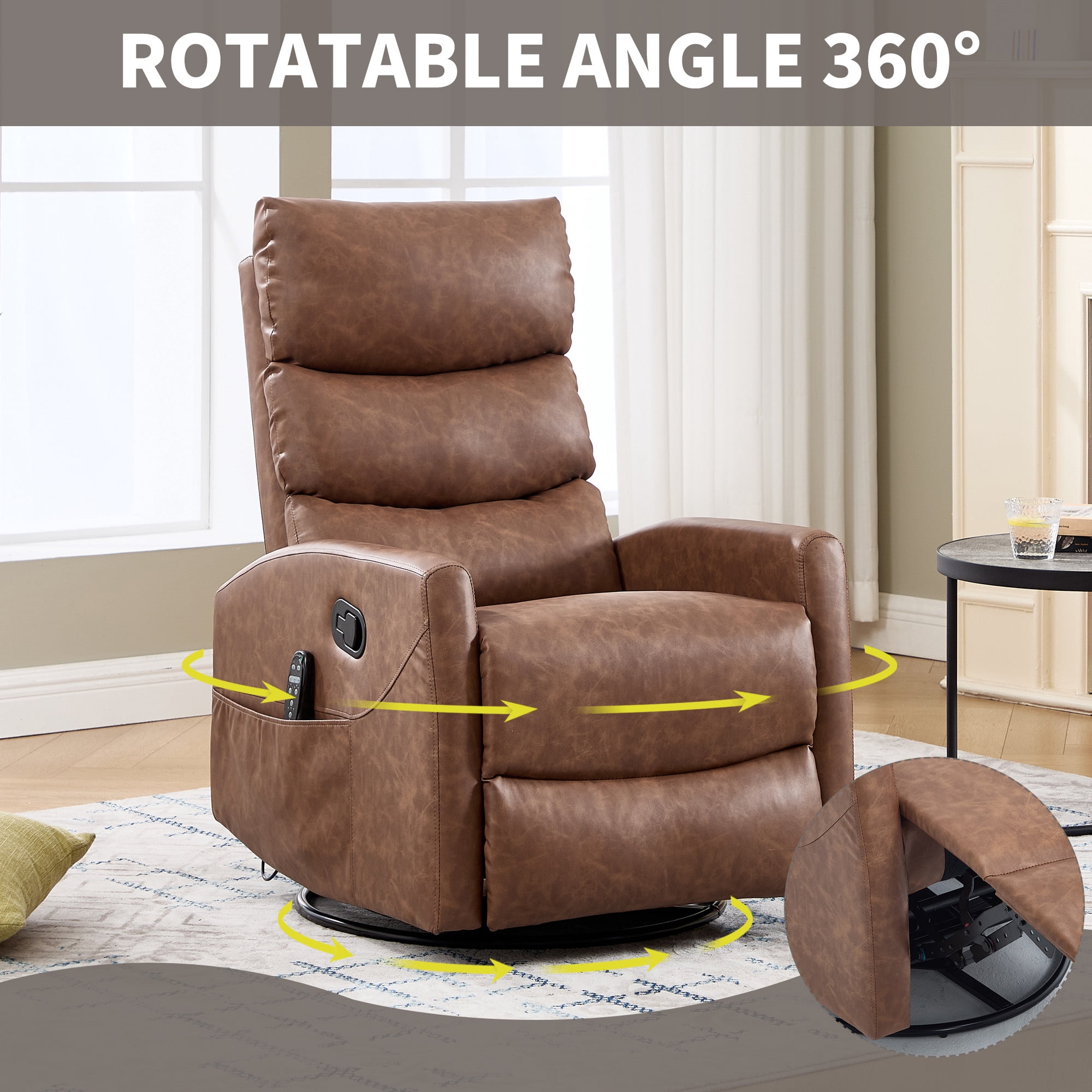 Leumius Swivel Recliner Chair,360° Glider Rocking Chair with Massage and Heating,PU Leather Small Manual Recliner for Nursery Home Theater,Yellow Brown PU