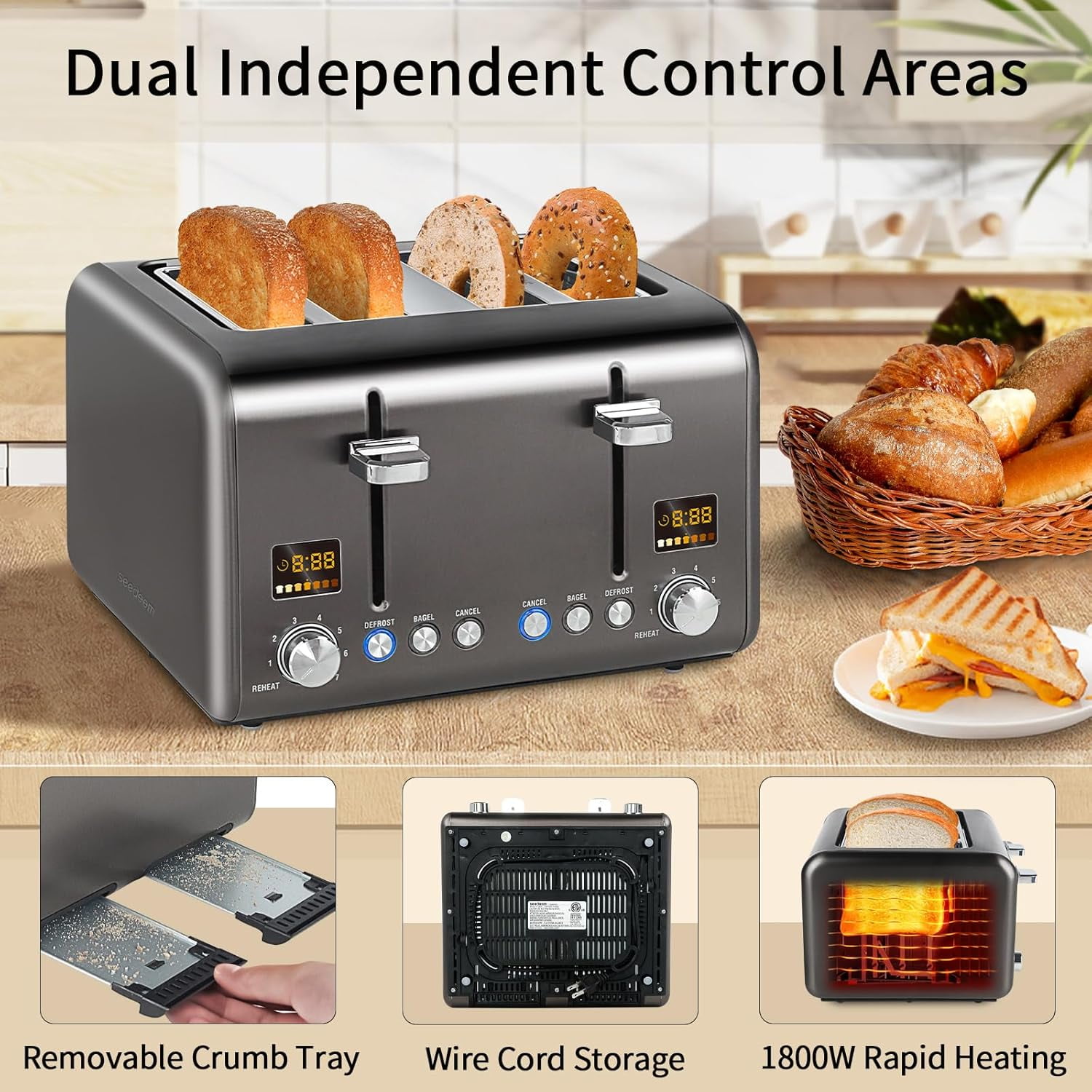 4 Slice Stainless Toaster with LCD Display, 7 Shade Settings, Wide Slots, Bagel/Defrost/Reheat Functions, Removable Crumb Tray, 1800W
