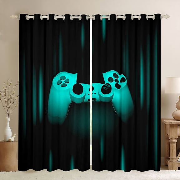 Homewish Cartoon Cyan Gamepad Black Out Curtains for Teens, Stripes Abstract Curtains Pack of 2 (42x63 Each), Neon Gradient Video Gamer Bedroom Curtains, Living Room Curtains Decor