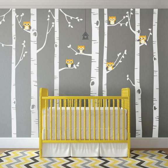 Birch Tree Wall Decal with Owls W1112 - Scheme A