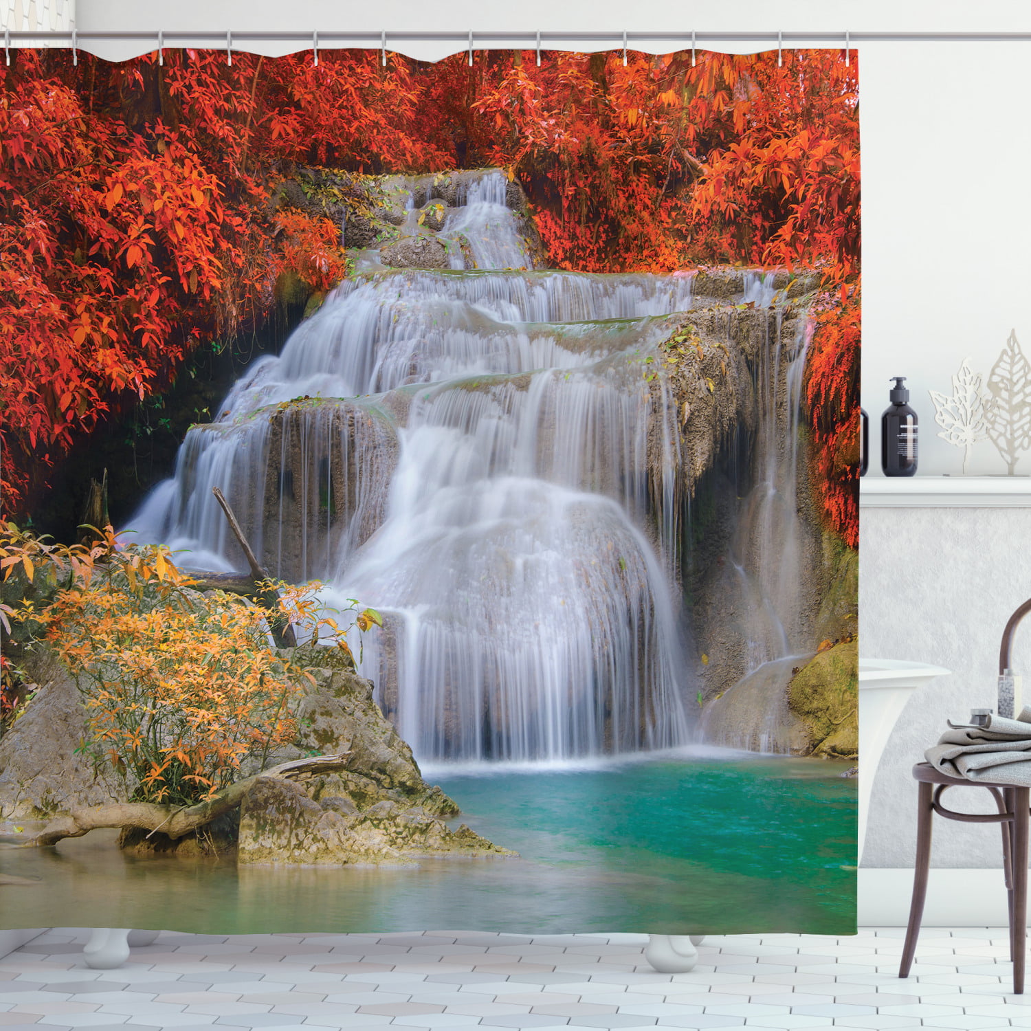 Landscape Shower Curtain Lake House in Autumn Print for Bathroom 70 Inches Long 