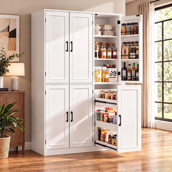 Blotout 3 Door Kitchen Pantry Cabinet with Pull-Out Shelves & 3-Tier Door Shelves, Large Cupboard Foot Storage Cabinet with Adjustable Shelves for Kitchen Dining Room