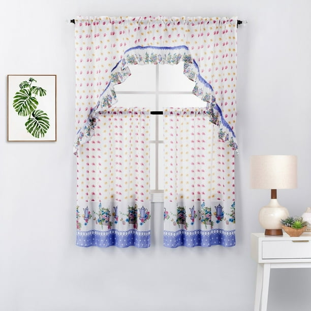 3 Piece Tea Pot Printed Kitchen Window Curtain Panel Tiers and Swag