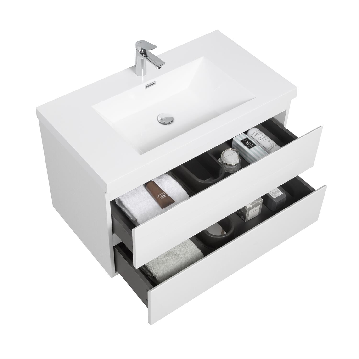 Demi Bonn 36" Floating Bathroom Vanity with Sink, Resin Top Basin and 2 Soft Close Drawers, Faucets and Drains Not Included, White