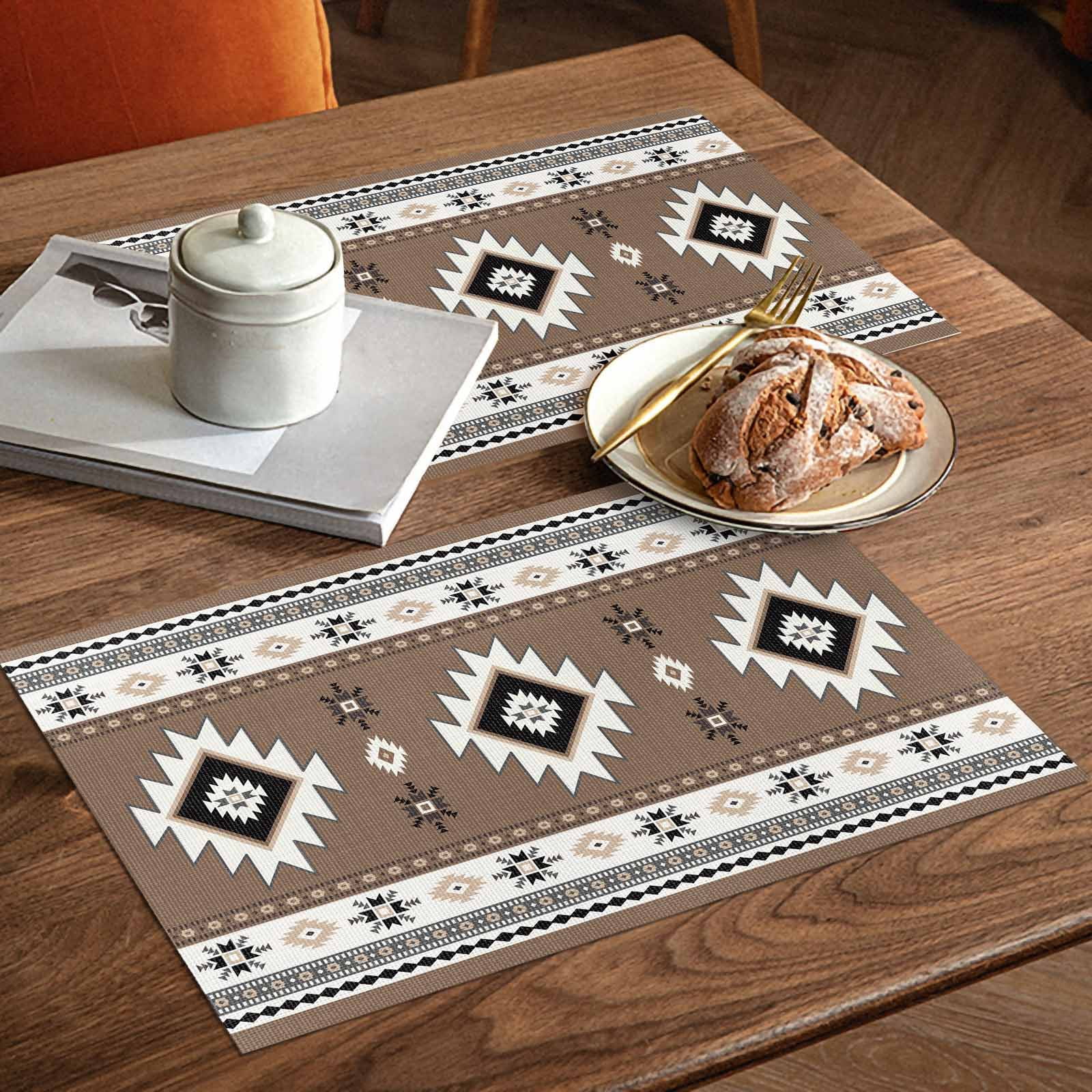 Placemats Set of 4, Brown Boho Placemats Set of 4, Southwest Tribal Aztec Geometric Tablemats Washable Placemat Table Decoration for Kitchen Table Dinner Party Home Decor Indoor Outdoor 13x19 Inch