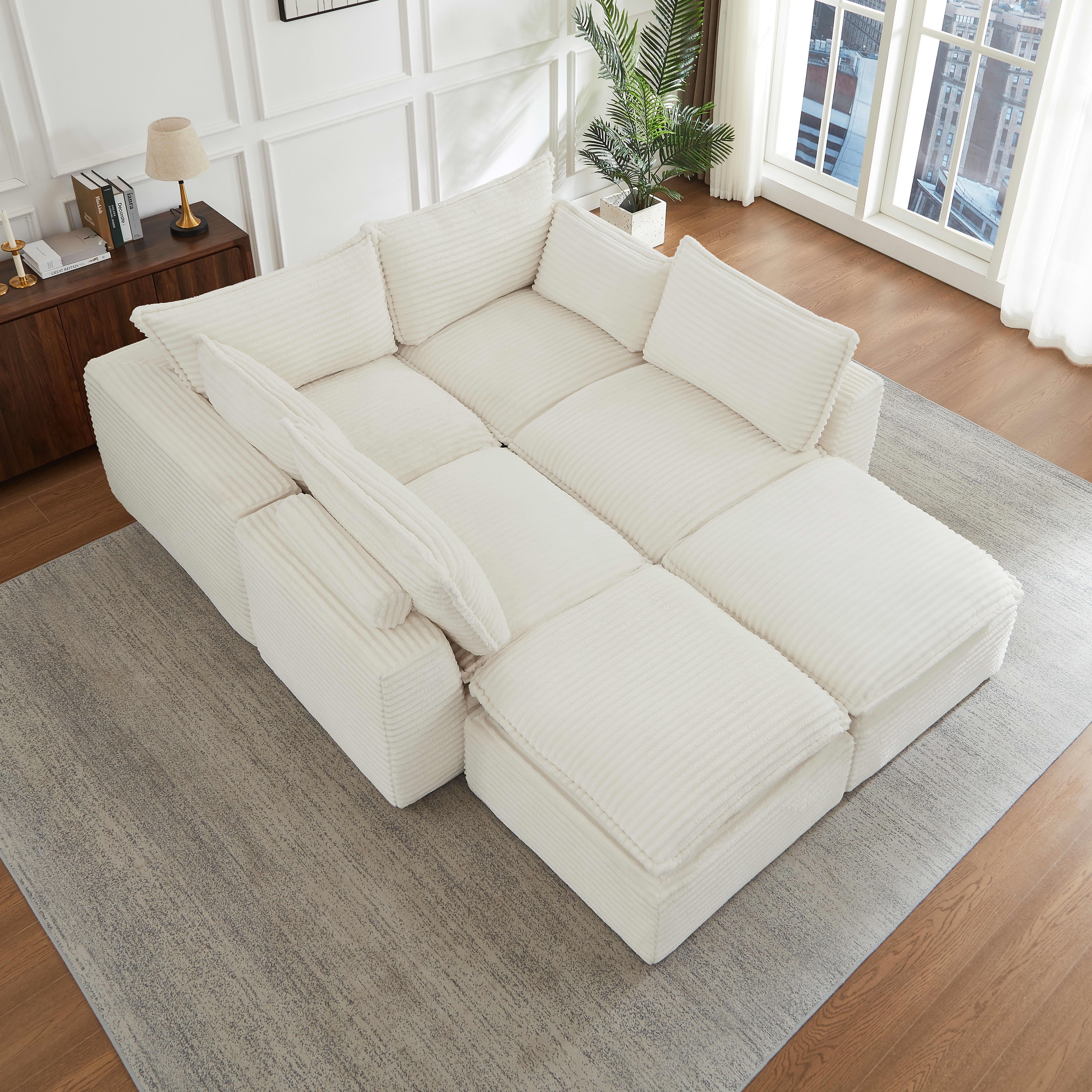MAYEERTY Corduroy Oversized Sectional Sofa, Cloud Convertible U-Shape Couch with Ottoman for Apartment, White
