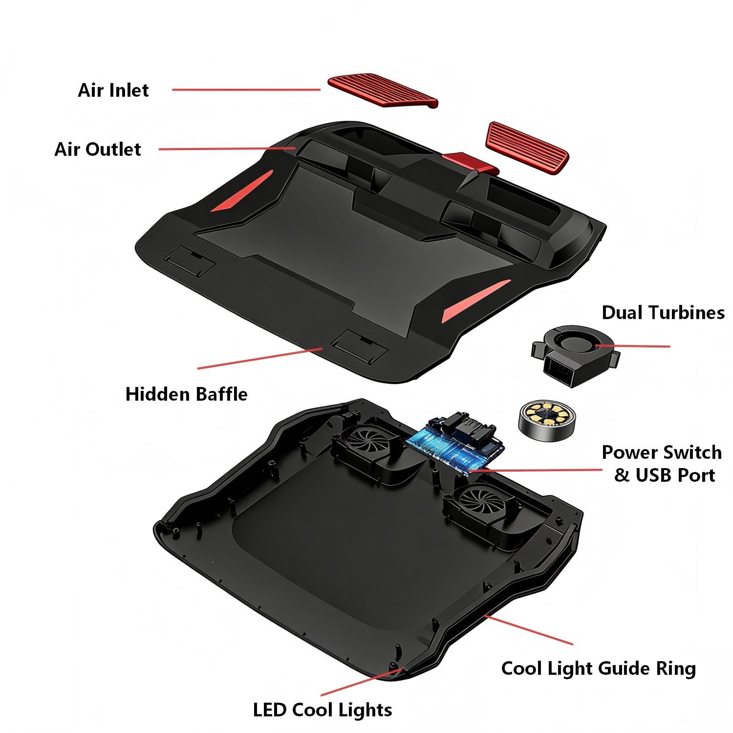 Gaming Laptop Cooling Pad, RGB Quiet Laptop Notebook Cooler Cooling Stand with 2 Cooling Fans, 2 Height Adjustable, USB Powered for 12-17 Inch Laptop, Black
