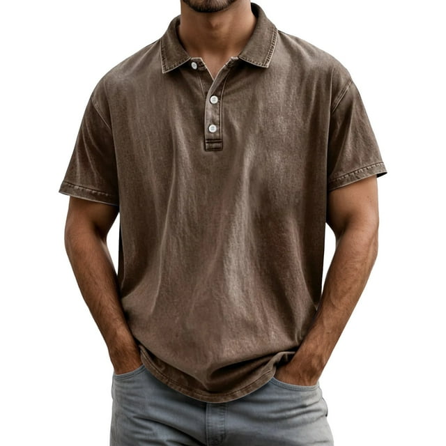 Adult Polo Shirt Men Short Sleeve Button Tee Shirts Basic Brown Mens Casual Outfits