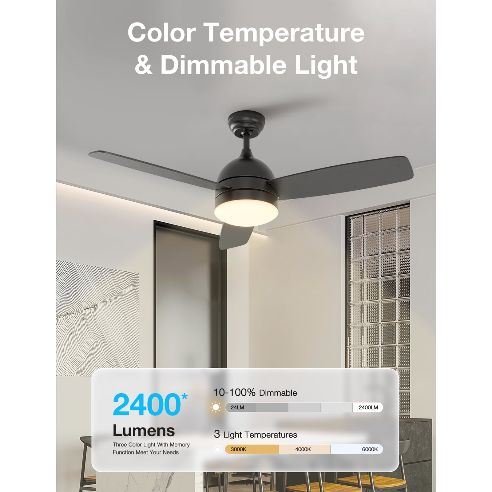 Warmiplanet 48" 3-Blades Modern Ceiling Fan with Light & Remote, Black, Dual-Color Blades, 6 Speeds, 3-Color Light