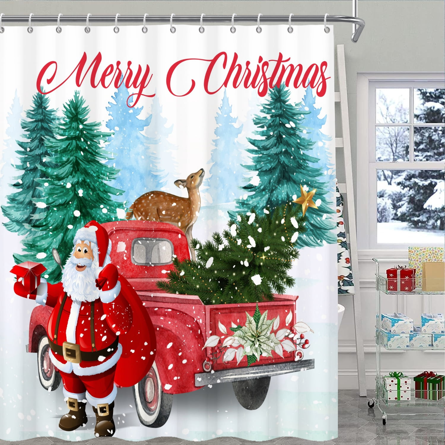 Mizhona Merry Christmas Shower Curtain Xmas Tree Snowman Red Truck for Bathroom Holiday Winter New Year Waterproof Decor 72"x78"