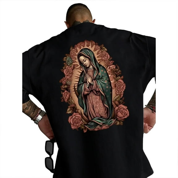 Unisex Christian T-Shirt, Virgin Mary and Roses Graphic Tee, Religious Catholic Art Shirt, Faith-Inspired Casual Top, Sizes S–5XL