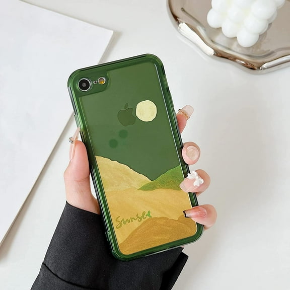 Case for iPhone 7/8/SE 4.7 inch, Clear Soft Bumper Protective Retro Color Snow Mountain Moon Transparent Phone Case - Green