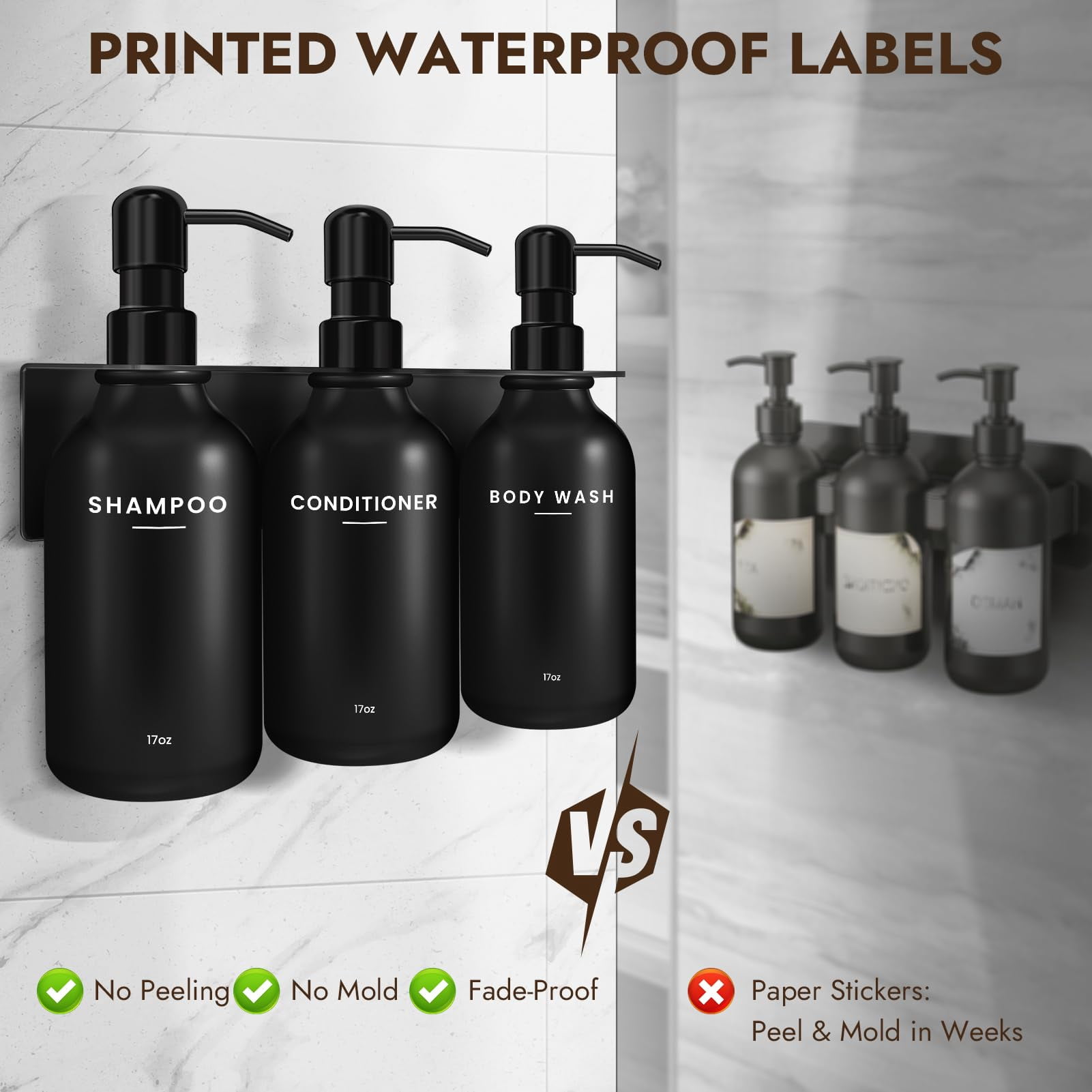 Shampoo and Conditioner Dispenser - Shower Soap Dispenser Wall Mounted - 17 fl oz Set of 3 Black Plastic Bottles with Plastic Pumps & No-Drill Adhesive Holders for Bathroom
