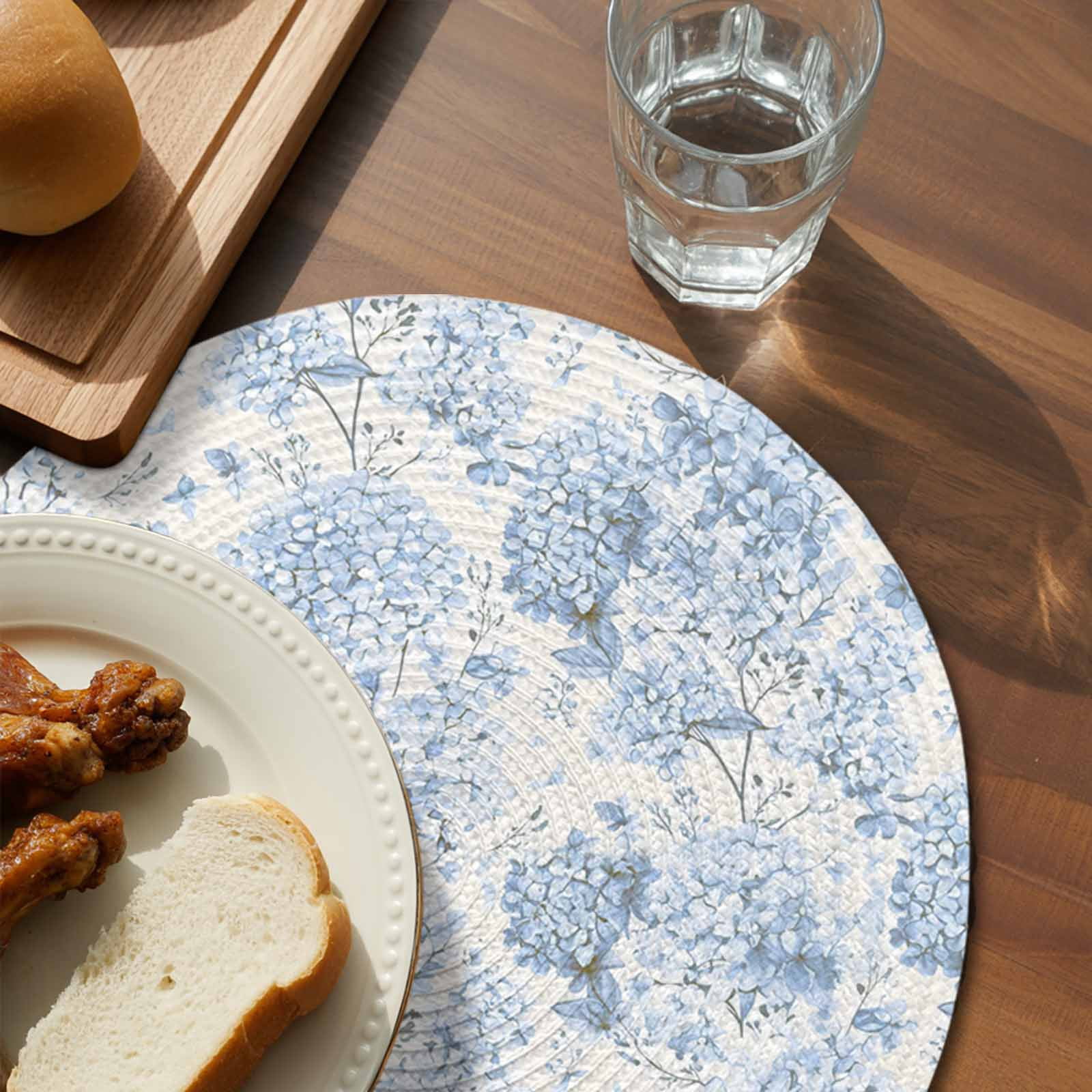 Round Placemats Set of 4 Blue Hydrangea Place Mats Washable Woven Placemat Spring Flower Leaf Circle Braided Table Mat for Kitchen Dining Table Party Home Decor 15 Inch
