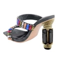 thumbnail image 5 of FSJ Women Graceful Rhinestone Double Strap Slide Sandals Slip On Square Open Toe Crystal Block Chunky High Heel Mule Dressy Shoes Size 7.5 Black Multicolor Crystals, 5 of 5