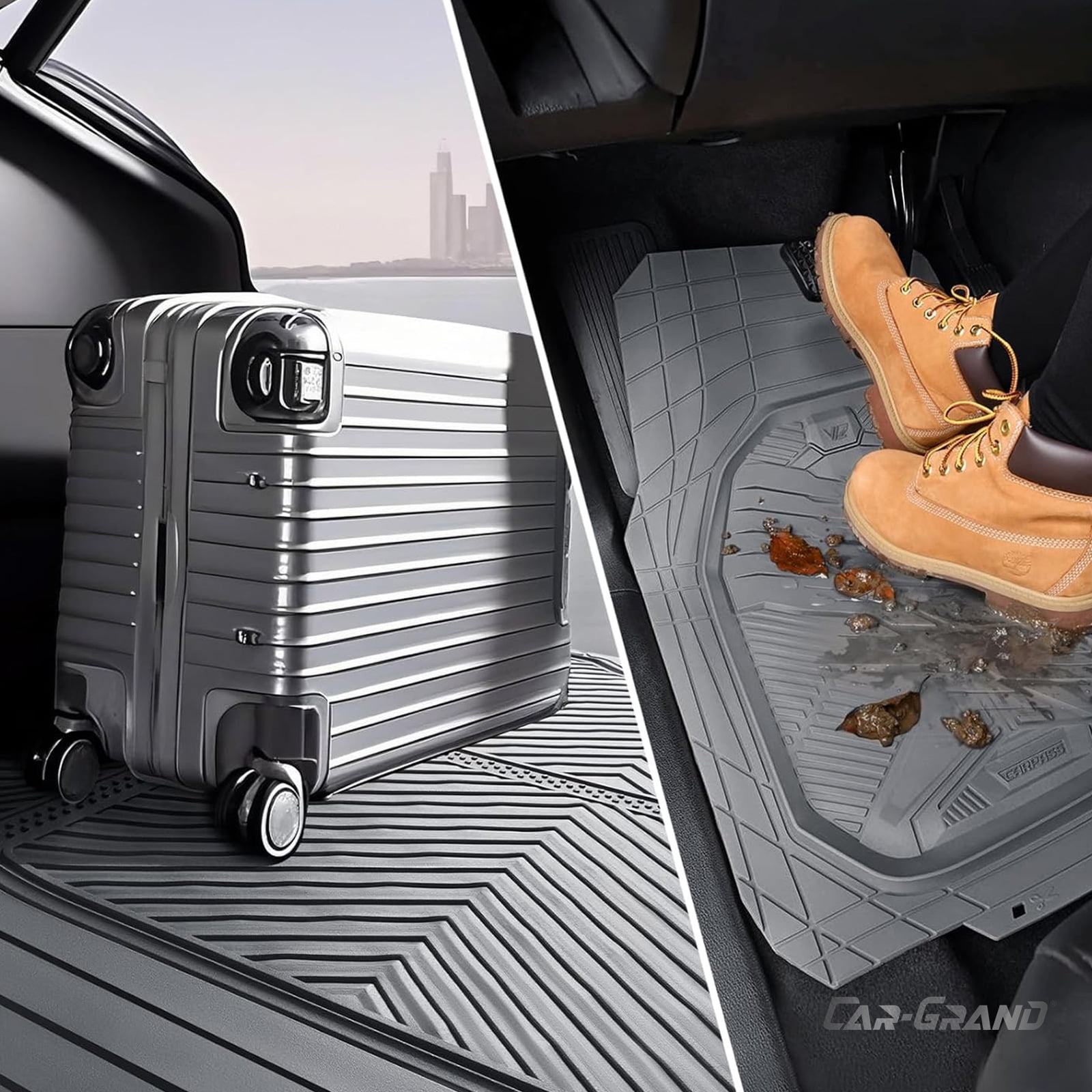 CAR GRAND Heavy duty rubble car floor mats full set deep dish water proof anti slip all weather truck mats universal fit trim-to-fit trimmable all gray