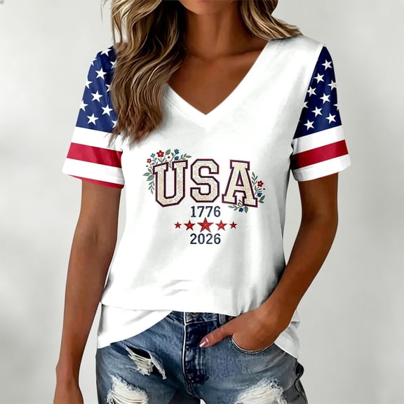 LINGLANG Fourth of July Shirts for Women, Patriotic American Flag V Neck T Shirt Summer Casual July 4th USA 250th Anniversary Graphic Tee Tops
