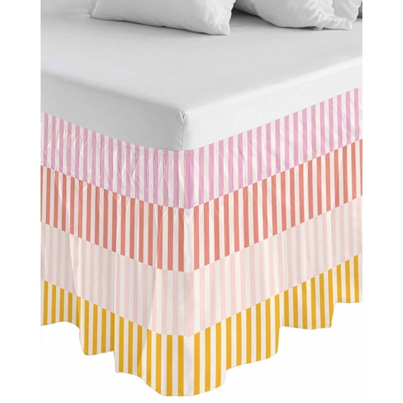 Colorful Stripe Wrap Around Bed Skirts for King Bed 18" Drop,Bed Skirt with Adjustable Elastic Belt Dust Ruffle Bed Valance for Bedroom Hotel Modern Pink Red Yellow Vertical Striped Bed Frame Cover