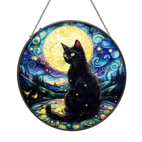 Gardjoe Moon Black Cat Stained Glass Style Acrylic Jigsaw Puzzle, Window Hanging Decor Suncatcher for Women Friends Lovers 9.8 in