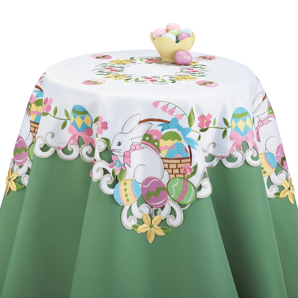 Adorable Easter Embroidered Table Linens with Bunny and Baskets Filled