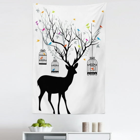 Antlers Tapestry, Deer with Colorful Birds and Birdcages Silhouette Ornament Vintage Style Print, Fabric Wall Hanging Decor for Bedroom Living Room Dorm, 5 Sizes, Multicolor, by Ambesonne