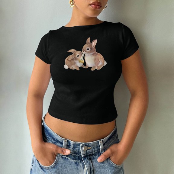 Graphic Tees for Women Fashion Graphic Print Crop Tee for Daily Casual Wear Women's Short Sleeve Shirt Stylish Streetwear Top Black L
