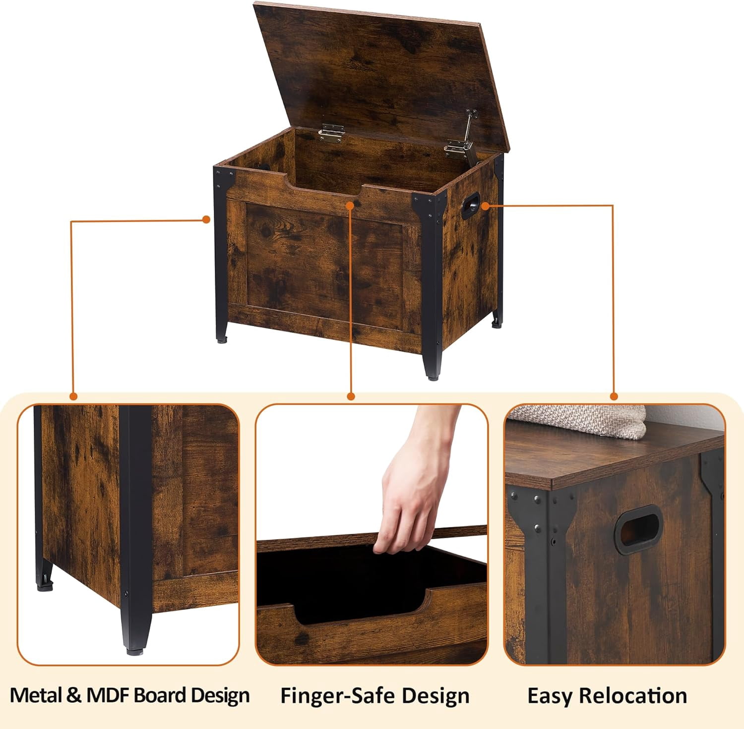Acekid 23.6 Inch Wooden Storage Chest - Toy Chest Bench with Safety Hinge, Large Capacity for Entryway & Living Room, Retro Color