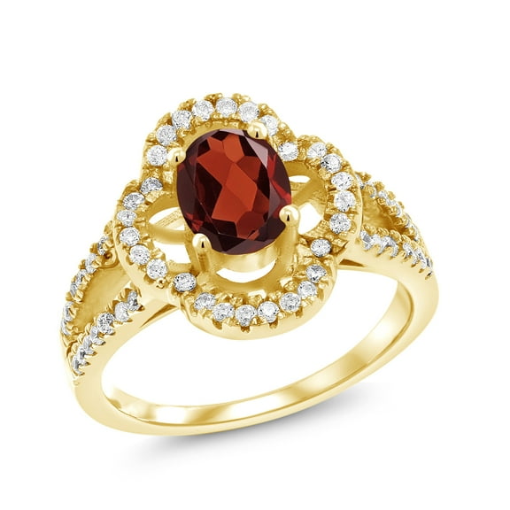 Gem Stone King 1.87 Ct Oval Red Garnet 18K Yellow Gold Plated Silver Art-Deco Ring (Size 8)