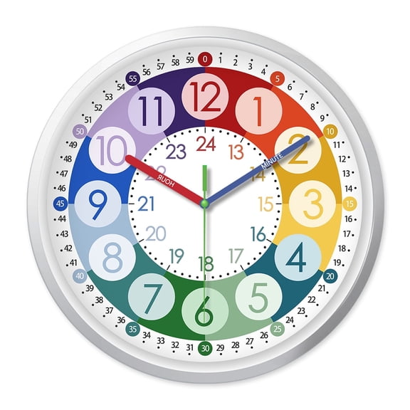 Teaching Clock for Classroom - Colorful Clock Battery Operated 8 Inch - Plastic Silent Wall Clock Non Ticking