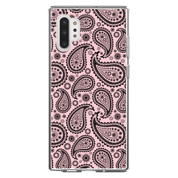 DistinctInk Clear Shockproof Hybrid Case for Galaxy Note 10 PLUS (6.8" Screen) - TPU Bumper, Acrylic Back, Tempered Glass Screen Protector - Black & Pink Paisley