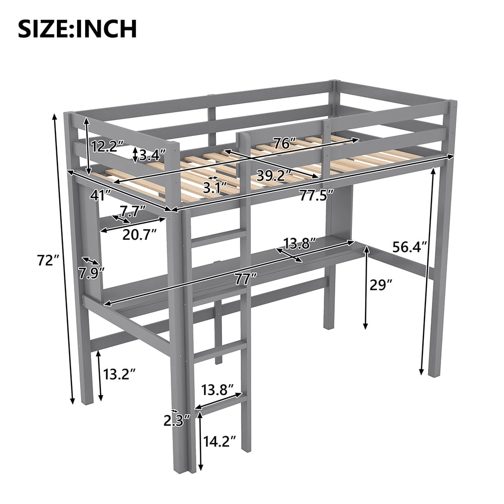 Kadyn Twin Size Loft Bed with Convenient Desk/Shelves/Ladder, Gray