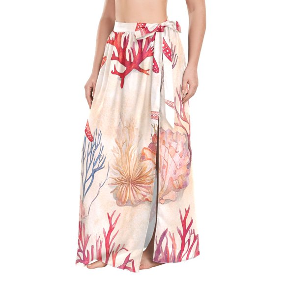 FORMRS Womens Long Sarong Beach Wrap Semi-Sheer Bikini Skirt Bathing Swimsuit Cover Up, Beige Starfish