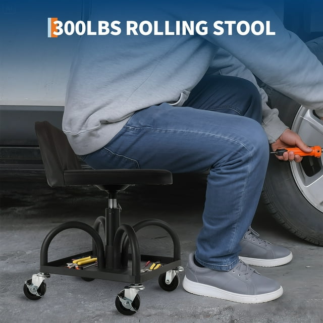 GloryStar Heavy-Duty Mechanic Shop Stool, Padded Rolling Garage Chair with Locking Casters, 300 lb Load Capacity & Storage Tool Tray