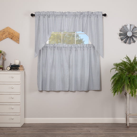 VHC Brands Sawyer Mill Blue 4 PC Ticking Stripe Curtain Set (2 Swag 36x16 and 2 Tier 36x36)