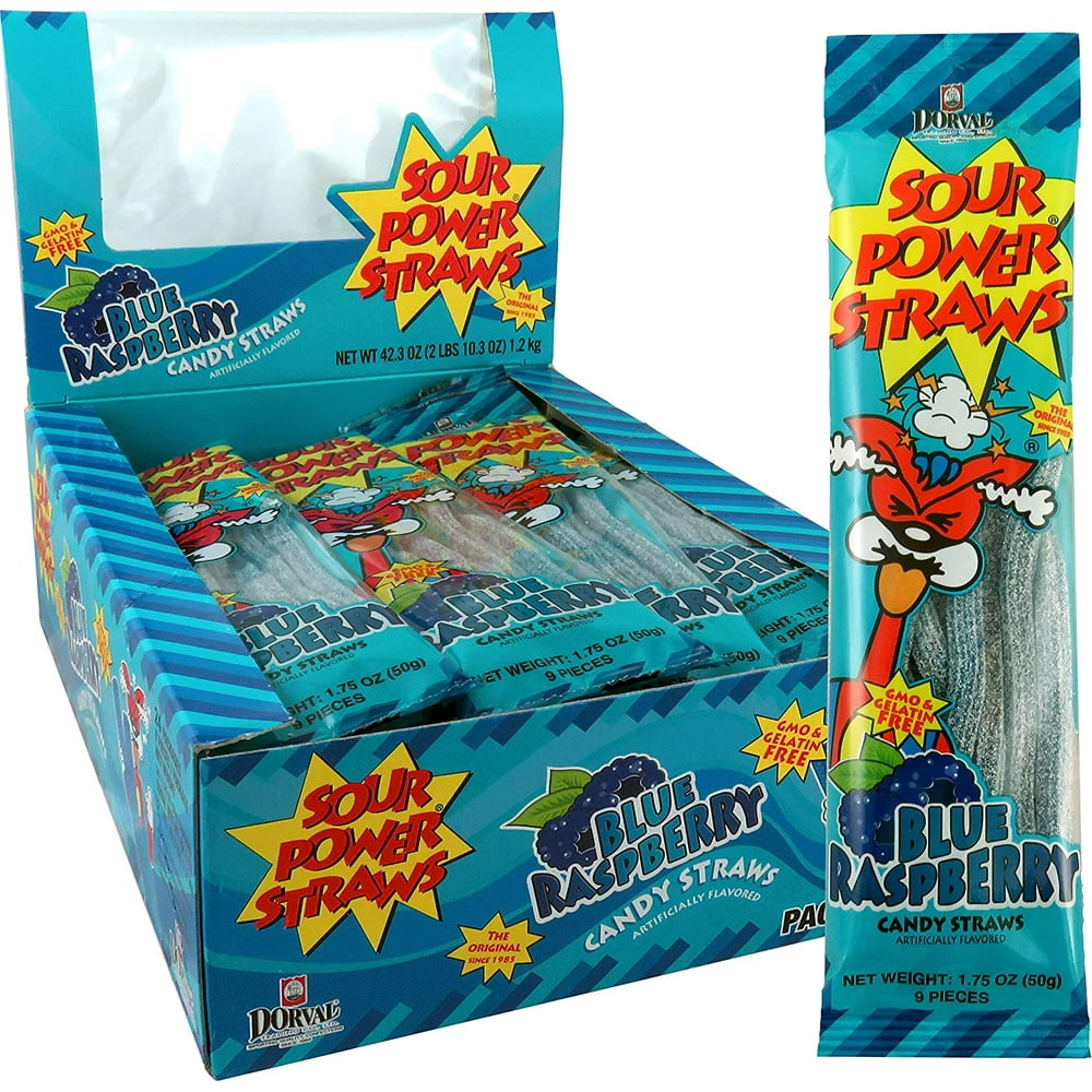 Sour Power Candy Straws, Blue Raspberry, 24Count