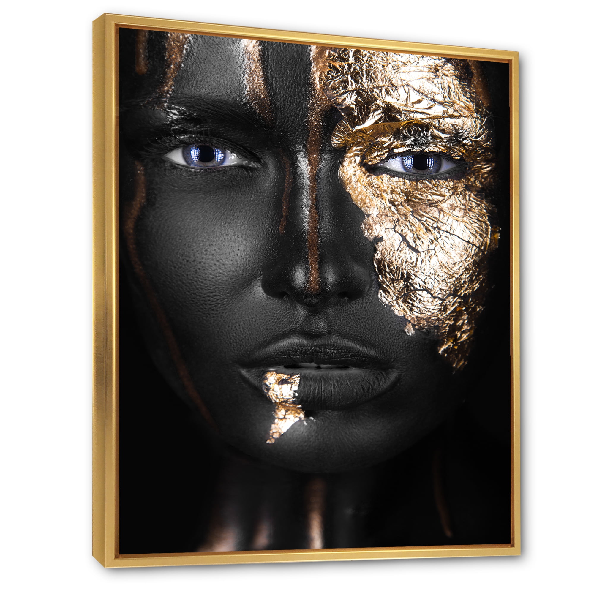 Portrait of A African American Girl with Gold Makeup 24 in x 32 in Framed Photography Canvas Art Print, by Designart