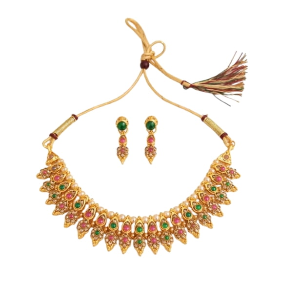 Traditional Women’s Gold-Tone Choker Necklace Set with Pink & Green Stones and Pearl Drops – Elegant Ethnic Jewelry
