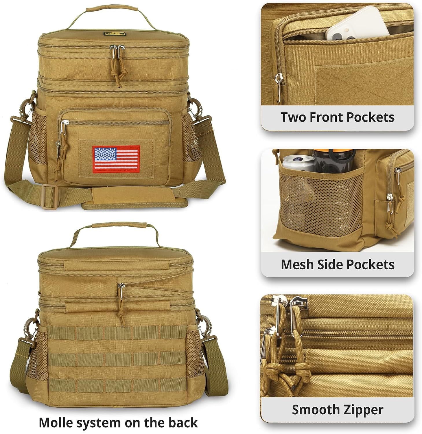 TRIPGEAR Double Deck Lunch Box for Men, Lunch Cooler Bag Work with Shoulder Strap Webbing Large Capacity Leakproof Insulated(19.5 Brown)