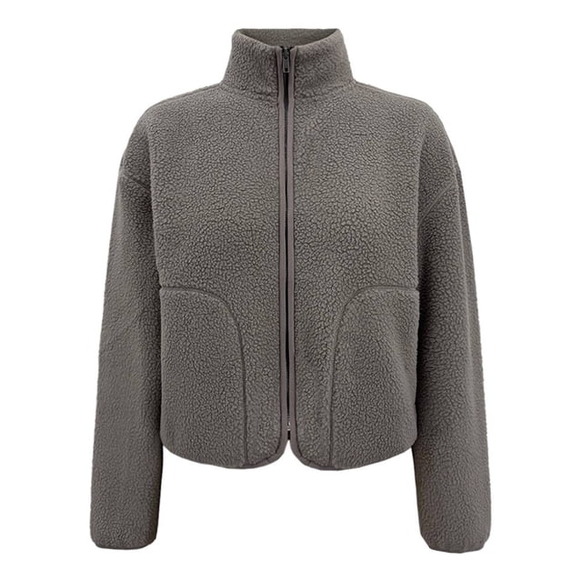 Chamarra George para Mujer, con Cuello Alto, Bolsillos Laterales, Textura Teddy Fleece Café Talla EG